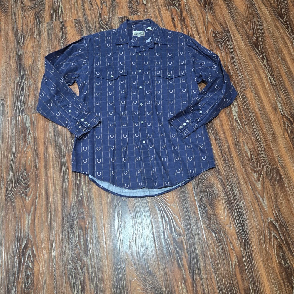 Express Rider M Western Shirt Mens Blue Horseshoe Print Pearl Snap Cotton VTG